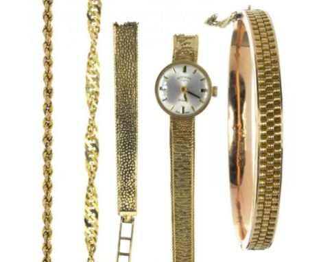 TWO 9CT GOLD NECKLACES, A BRACELET AND ROTARY WRISTWATCH, 43.7G, INCLUDING WRISTWATCH