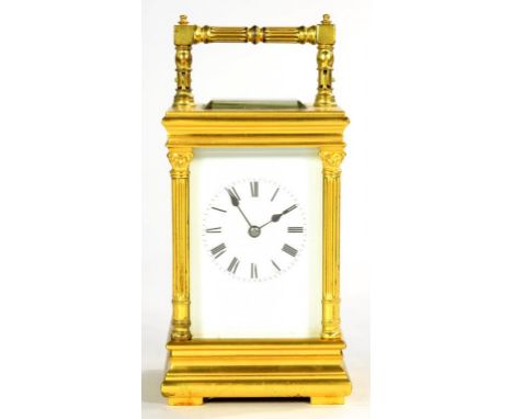 A FRENCH GILT BRASS CARRIAGE CLOCK, THE GONG STRIKING MOVEMENT WITH REPLACEMENT PLATFORM LEVER ESCAPEMENT, THE CASE WITH CORI