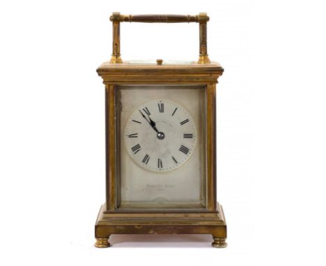 A FRENCH BRASS CARRIAGE CLOCK, C1900  THE SILVERED MASK DIAL INSCRIBED HAMILTON & INCHES PARIS, THE GONG STRIKING MOVEMENT WI