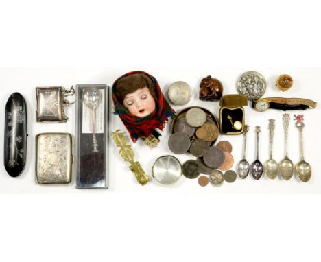 A GERMAN BISQUE CHARACTER DOLL'S HEAD WITH WEIGHTED BLUE GLASS EYES AND MISCELLANEOUS BYGONES OF MINIATURE WORKS OF ART, INCL