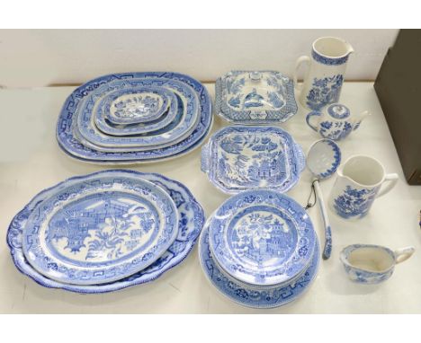 MISCELLANEOUS, MAINLY 19TH C, BLUE PRINTED EARTHENWARE PLATES, DISHES AND TUREENS, INCLUDING WILLOW PATTERN, LARGEST DISH 43C