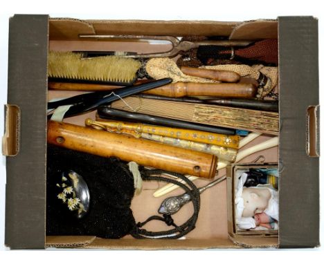 MISCELLANEOUS BYGONES, PRINCIPALLY COMPRISING FANS, VICTORIAN CURLING TONGS, BRUSHES, BEADWORK BAG, SILVER HANDLED BUTTON HOO