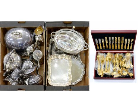 MISCELLANEOUS PLATED ARTICLES, TO INCLUDE VICTORIAN AND EARLY 20TH C DISH COVER, BREAKFAST DISH WITH REVOLVING COVER, TEA SER