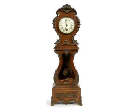A FRENCH BRONZED METAL MOUNTED WALNUT MINIATURE LONGCASE TIMEPIECE, THE ENAMEL DIAL INSCRIBED EDWARD & SONS, 48CM H, C1900