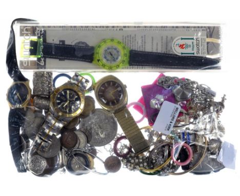 A BOXED SWATCH WATCH AND SEVERAL OTHER WRISTWATCHES AND COSTUME JEWELLERY, INCLUDING SILVER, ETC