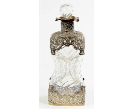A VICTORIAN SILVER MOUNTED WAISTED SQUARE SHAPED GLASS DECANTER, WITH FOUR LIPPED COLLAR, THE SHOULDER AND MOUNT TO THE FOOT 