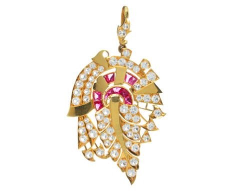 AN INDIAN RUBY AND WHITE STONE SET GOLD PALMETTE PENDANT, 13G