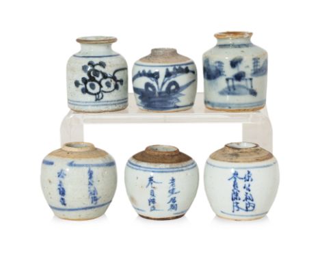 A GROUP OF SIX BLUE AND WHITE JARLETS
Comprising of thee examples with calligraphic script, two with everted mouth and one sm