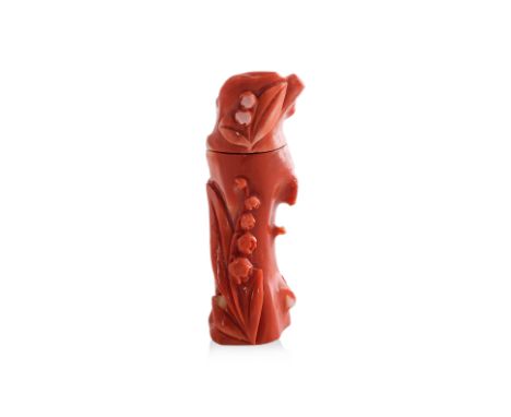 A CARVED CORAL SNUFF BOTTLE Naturalistic form decorated in flowering foliage, with conforming stopper 6.5cm high Ownership St
