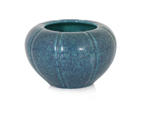 A SMALL ROBIN'S EGG GLAZED PORCELAIN BRUSH WASHER
The lobed spherical body woth mottled blue glaze, turquoise glazed interior