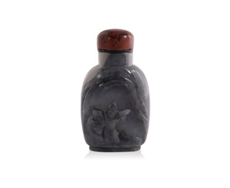 A GREY AND WHITE JADE SNUFF BOTTLE
Compressed rectangular form with rounded shoulders, decorated in relief carved scene of tw