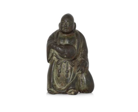 A SMALL BRONZE FIGURE OF MAITREYA, DATED XINGHE 2ND YEAR Eastern Wei, dated 540AD, modelled in the emanation of Budai wearing