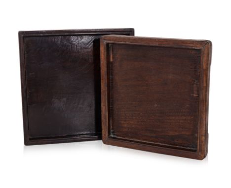 TWO SQUARE ELM SCHOLAR'S TRAYS
19th/20th Century, one with ribbed exterior, both raised on short bracket feet
34 x 34cm; 32 x