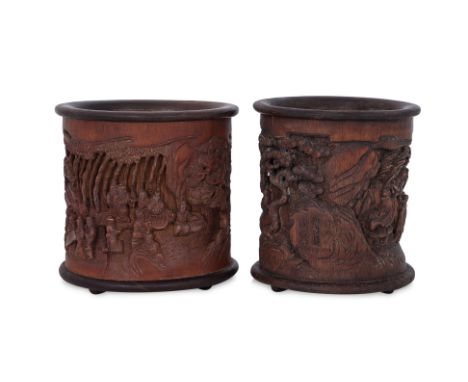 TWO CARVED BAMBOO BRUSH POTS
One example decorated in continuous scene of 18 Luohan under pine tree, inscription to side, 'Fe
