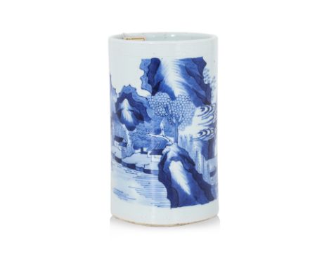 A BLUE AND WHITE PORCELAIN BRUSHPOT Of Transitional style, probably 19th Century, decorated with a coninuous river landscape 