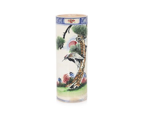 A FAMILLE ROSE CYLINDRICAL PORCELAIN VASE
Decorated in crane under a pine tree, blue underglaze borders, incised '77' to insi