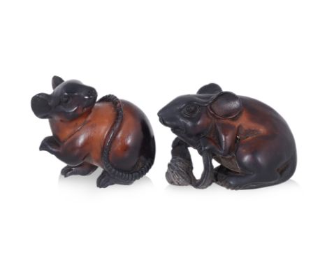 TWO CARVED WOOD NETSUKE OF MICE
Both naturalistically modelled, one opening a nut
4.5cm
Ownership Statement: This item is off