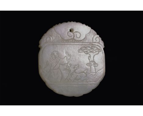 A CIRCULAR JADE PENDANT/PLAQUE
Even-toned celadon jade, incised standing male figure beside a deer and pine tree, conforming 
