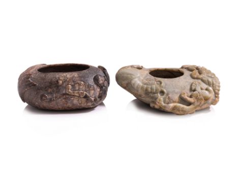TWO CARVED JADE BRUSH WASHERS
Two oviform brush washers, one example in brown-grey tones, decorated in relief carved chilong 