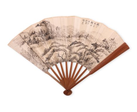 A CARVED BAMBOO FAN WITH INK PAINTING
Landscape painting and poem to reverse, carved poem to bamboo handle, dated 1985/86, si