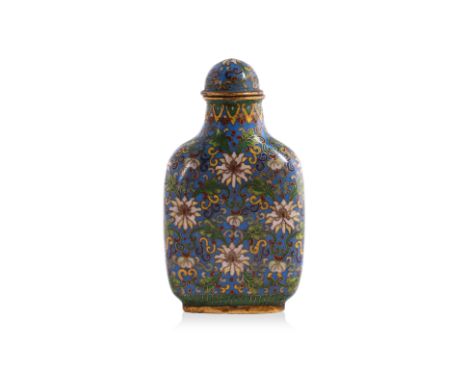 A CLOISONNE SNUFF BOTTLE
Compressed rectangular form with rounded shoulders, blue ground decorated in baoxiang florets and sc