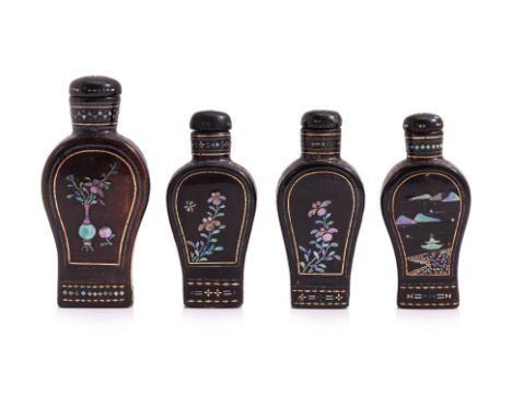 A GROUP OF FOUR LAC BURGAUTE SNUFF BOTTLES
Japanese, late 19th century, all in black lacquer inset with mother of pearl shell