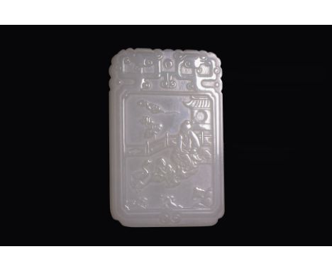 A JADE PLAQUE/PENDANT (3)
Flat rectangular plaque in even-toned celadon jade, decorated in relief carved scene of older man w