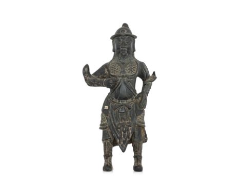 A STANDING BRONZE FIGURE OF ZHOU CANG Ming dynasty, modelled standing facing forward, wearing helmet and armour, robe with pl