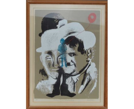 A limited edition coloured print, titled 'Thinking of your, Laurel and Hardy', no. 10/50, indistinctly signed in pencil botto