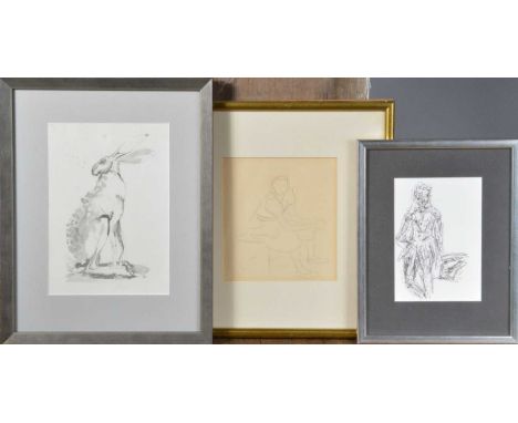 Three 20th century framed sketches,  comprising a watercolour and pencil sketch of a rabbit, a pencil sketch of a women and a