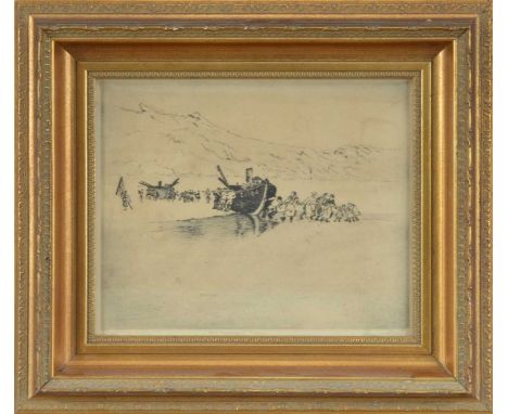A framed etching of fisherman on the shore, signed indistinctly to the bottom right in pencil (Edward ?), framed, glazed and 