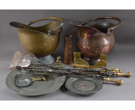 A collection of metalwares, including two coalscuttles, one brass the other copper, both approx. 33cm high, a 19th century Pe