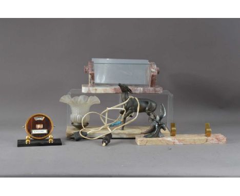 A collection of French art nouveau desk items, comprising a desk lamp, with a doe (AF) on a hardstone base, 38cm wide,  a sma
