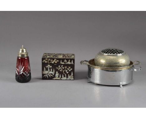 A Chinese wood and mother of pearl box,  10cm H x 14.5cm W, together with a cranberry glass sugar sifter with hallmarked silv