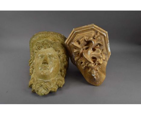 Two corbel shelves, comprising a mid 20th century example , with a bust, 30cm high, together with an early plaster cast corne