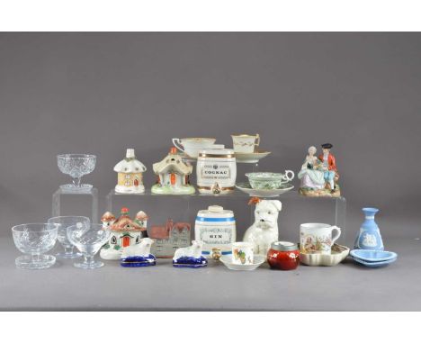 An assorted collection of ceramics, including ceramic houses, one by Noakes & Crofts 10cm high, Wade Gin and Cognac small keg