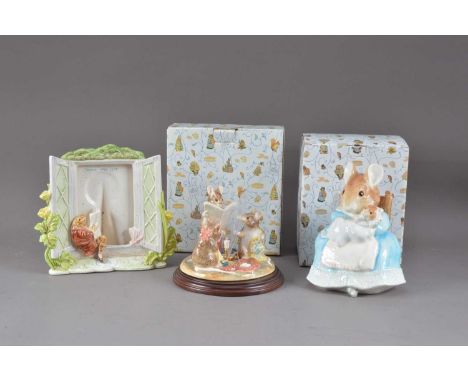 An assorted collection of Beatrix Potter ceramics, comprising a limited edition Border Fine Arts figural group with COA, a la