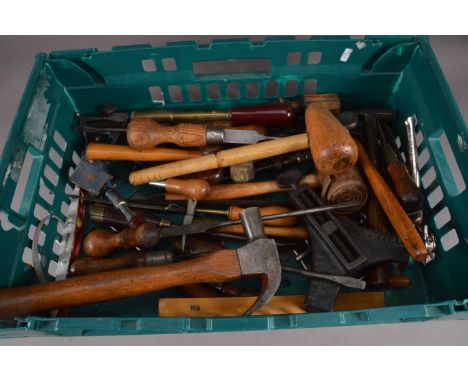 A large assortment of antique hand tools, most with turned metal hands, including chisels, hammer, etc AF (qty)