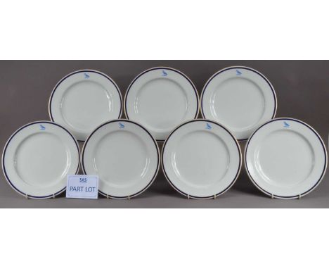 A collection of Royal Worcester dinner plates, blue and gilt rims, each with a blue bird armorial crests, retailed by T. Good