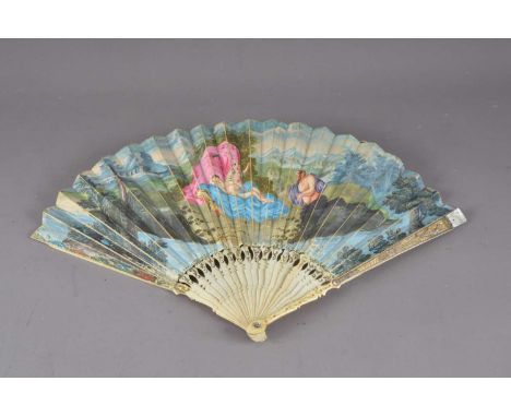 An 18th century French carved bone fan,  AF, with nicely worked end sticks having mother of pearl panel, the gouache painted 