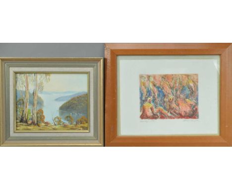 Ronald Peters (20th century), trees by the shore, signed bottom right, framed, frame size 30cm x 35cm, together with a monoty