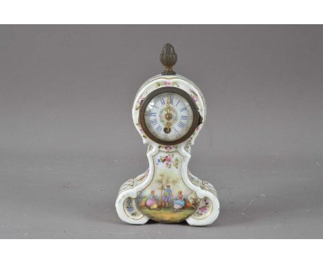 A small continental porcelain mantle clock, the dial with Roman numerals and floral decoration, the body hand-painted, with f