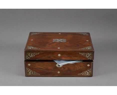 A Rosewood and mother of pearl inlaid writing slope, scrolling inlay, internally with later green baize, key present, 13cm H 
