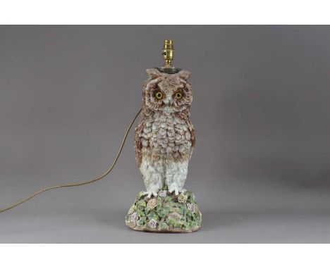 A ceramic owl lamp base, with some wear, impressed mark to the underside, untested and requires re-wiring, 50cm highTHE OWL A