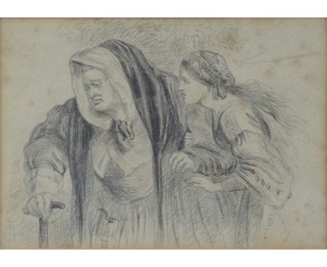 A pencil sketch of two figures,  framed, glazed and mounted, frame size 32cm x 37cm