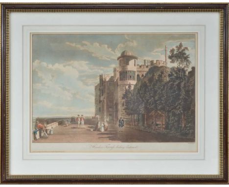 A framed coloured print, titled 'Windsor Terrace Looking Eastwards, published by P. Sandby, Parker Gallery label to verso, fr
