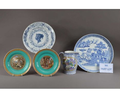 A collection of 19th century and later blue and white ceramic items, comprising a transfer-printed jug by Adams, featuring ph