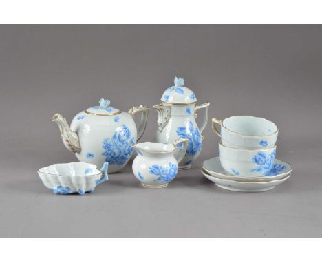 Herend porcelain tea set for two, blue floral design on white grounds with heightened gilt, comprising a teapot, and coffee p