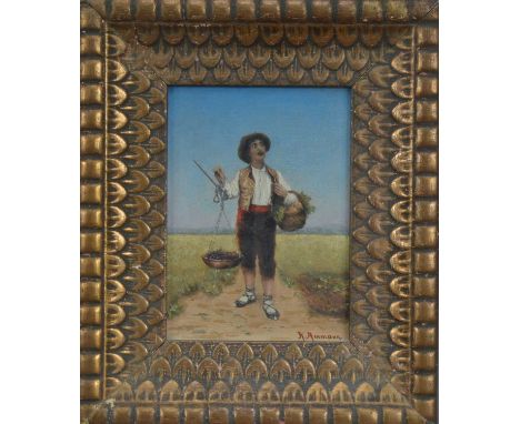 20th century school, a boy in a field, oil on canvas, signed K. Ammann to the bottom right, framed, frame size 31cm x 26cm