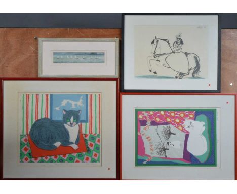 A collection of four prints, comprising two limited edition cat prints by Joan Russell, a coastal print by C. Pavey Smith and